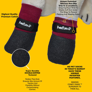 PawFlex Comfy Pawz Double Dipped Thick Textured Waterproof Cotton Dog Booties | Pet Socks with Patented Non-Slip Silicone Grip at Inner Wrist for No Twisting or Sliding Off