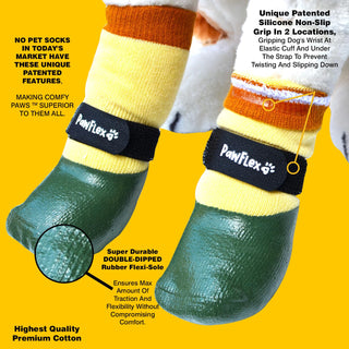 PawFlex Comfy Pawz Double Dipped Waterproof Dog Booties | Outdoor Pet Socks with Rubberized Bottom| Patented Non-Slip Silicone Grip at Inner Cuff and Center for No Twisting or Sliding Off